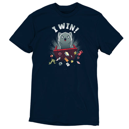 Premium Cotton T-shirt_Teeturtle I Win! navy blue t-shirt featuring a gray cat flipping a tabletop game table, sending cards, tabletop figures and dice flying with the words "I Win!" above its head.