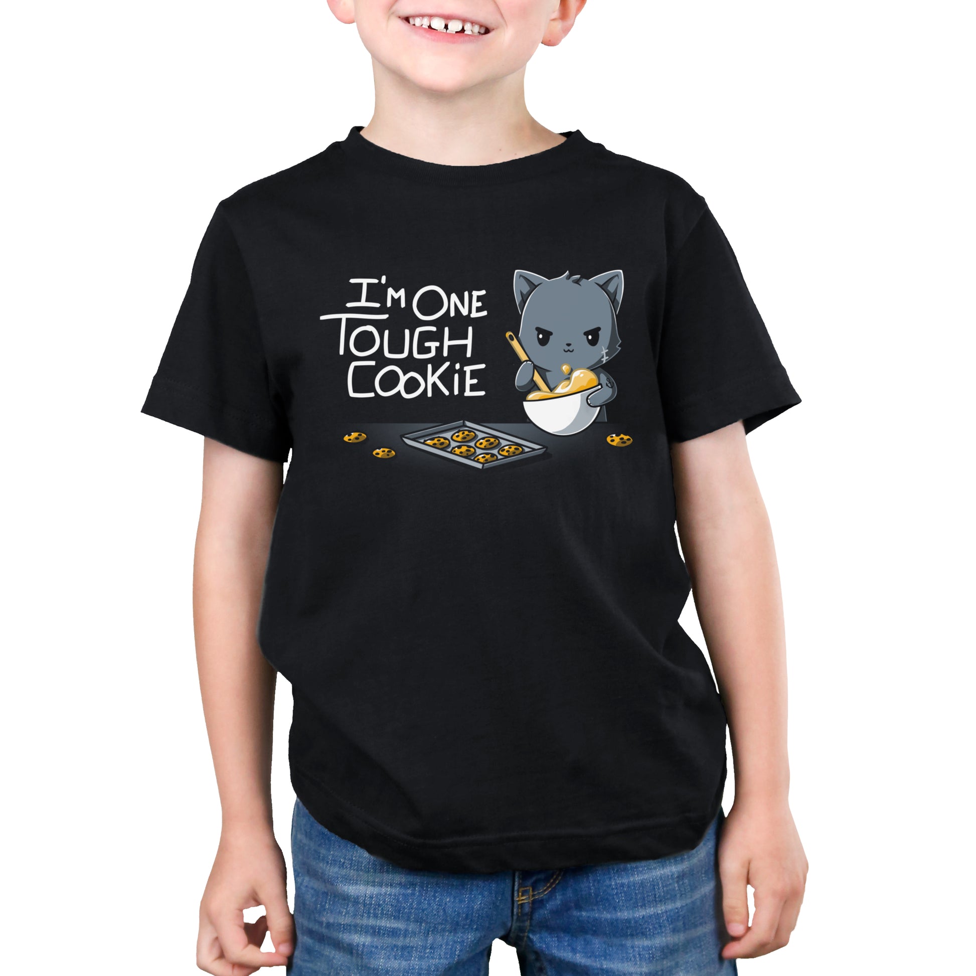 Premium Cotton T-shirt_TeeTurtle I'm One Tough Cookie black t-shirt featuring a tough cat baking cookies.