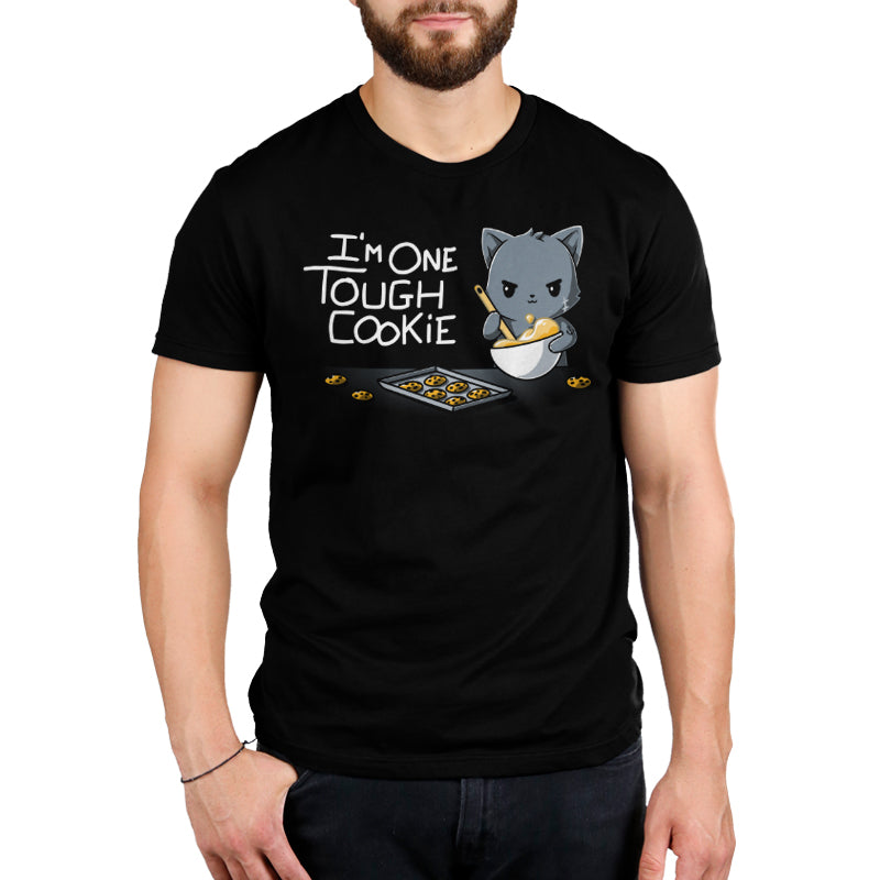 Premium Cotton T-shirt_TeeTurtle I'm One Tough Cookie black t-shirt featuring a tough cat baking cookies.