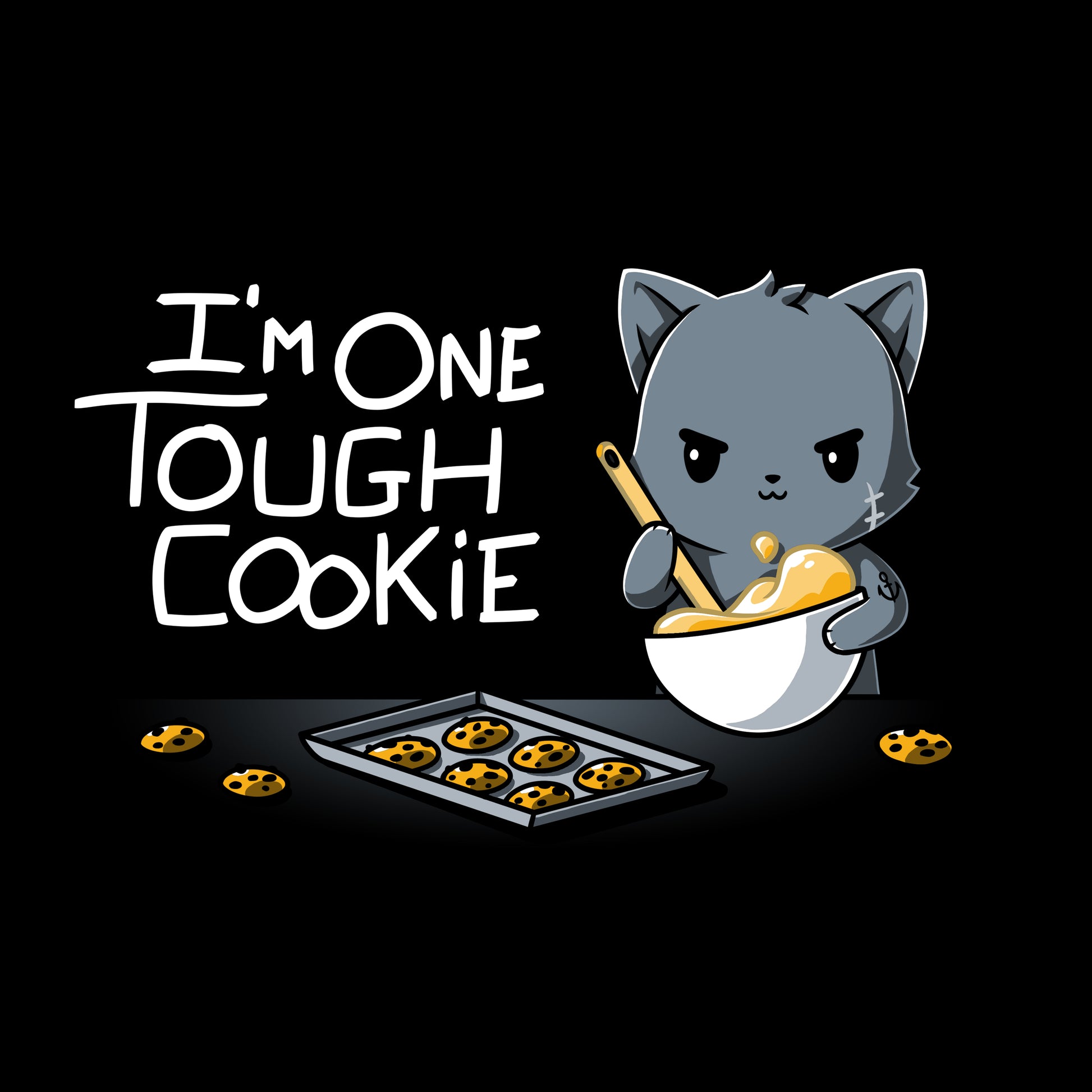 Premium Cotton T-shirt_TeeTurtle I'm One Tough Cookie black t-shirt featuring a tough cat baking cookies.