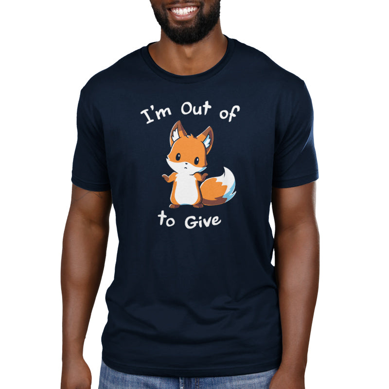 Premium Cotton T-shirt_TeeTurtle I'm Out of Fox to Give navy blue t-shirt featuring a sarcastic fox shrugging.