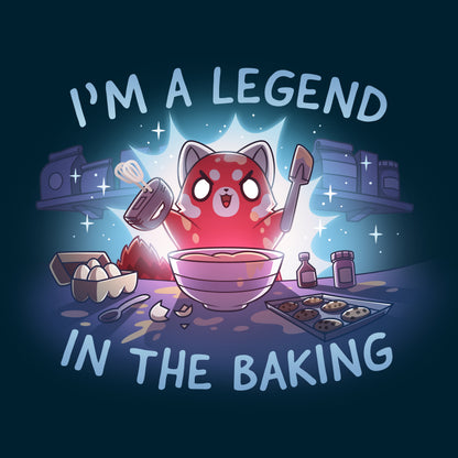 Premium Cotton T-shirt_TeeTurtle navy blue I'm a Legend in the Baking apparel featuring a red panda with lit up eyes holding a spatula and hand mixer in a kitchen surrounded by baking equipment, such as a sheet of cookies, eggs, and flour.