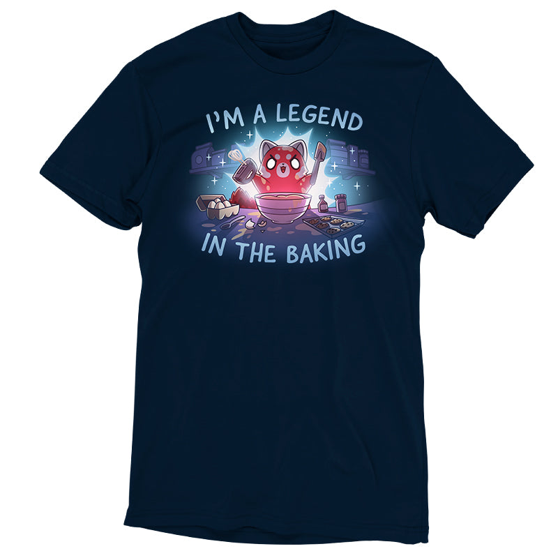 Premium Cotton T-shirt_TeeTurtle navy blue I'm a Legend in the Baking apparel featuring a red panda with lit up eyes holding a spatula and hand mixer in a kitchen surrounded by baking equipment, such as a sheet of cookies, eggs, and flour.