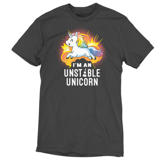 A super soft ringspun cotton charcoal gray tee featuring an illustration of a unicorn with a rainbow mane and tail, surrounded by sparks, and the text 
