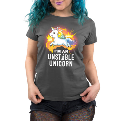 Premium Cotton T-shirt_Teeturtle I'm an Unstable Unicorn charcoal gray t-shirt featuring a unicorn with a rainbow mane and tail leaping with an explosion behind it. Below are the bold white words "I'M AN UNSTABLE UNICORN."