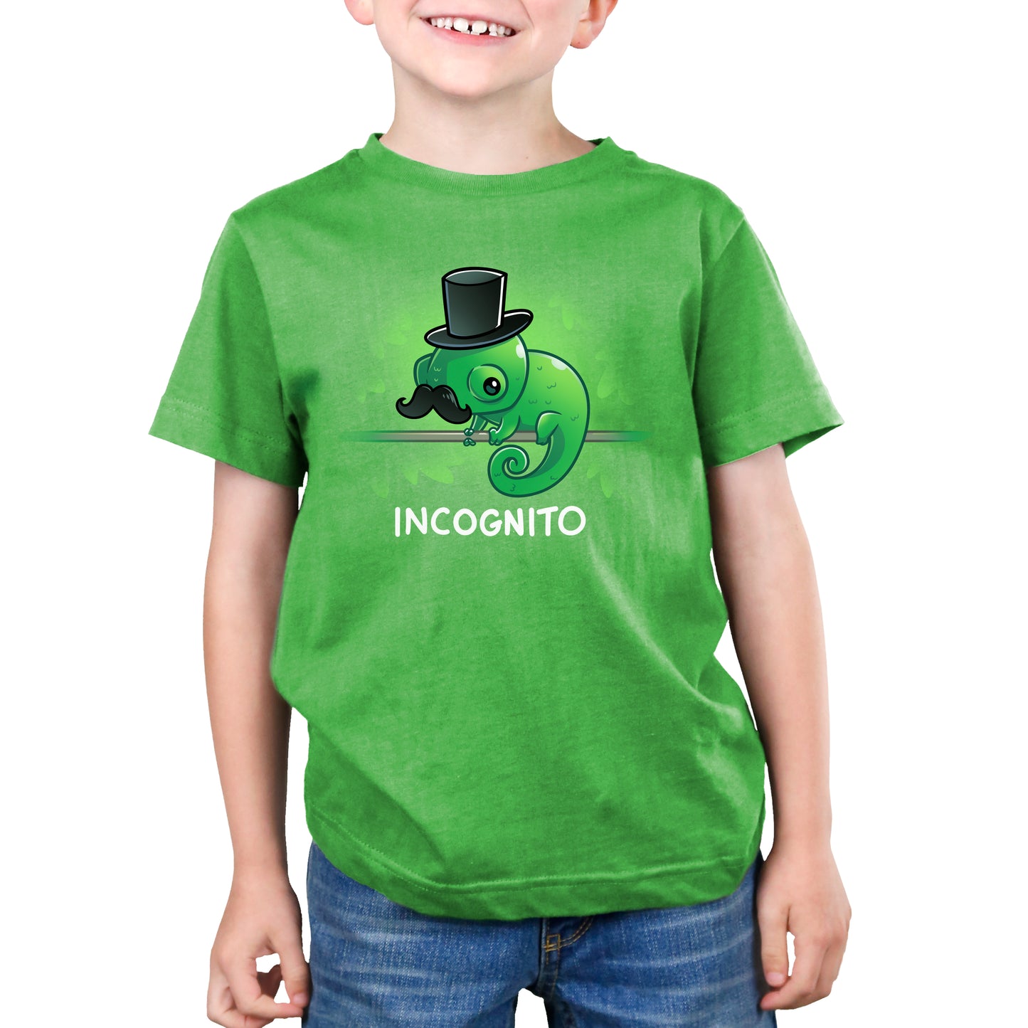 Premium Cotton T-shirt_TeeTurtle Incognito apple green apparel featuring a chameleon wearing a top hat and moustache perched on a stick hidden among leaves.