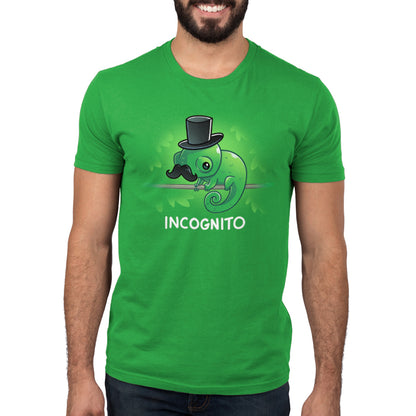 Premium Cotton T-shirt_TeeTurtle Incognito apple green apparel featuring a chameleon wearing a top hat and moustache perched on a stick hidden among leaves.