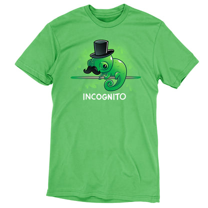 Premium Cotton T-shirt_TeeTurtle Incognito apple green apparel featuring a chameleon wearing a top hat and moustache perched on a stick hidden among leaves.