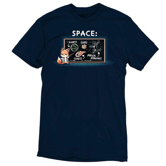 A navy blue T-shirt made from super soft ringspun cotton featuring a cartoon fox teaching about space in front of a chalkboard. The board shows labeled drawings of 