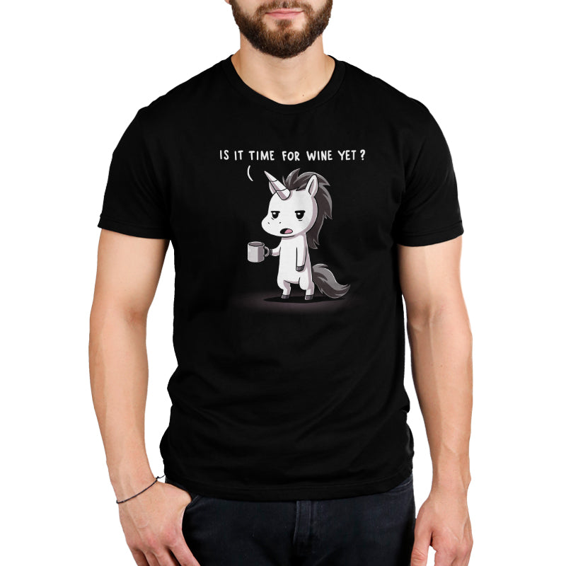 Premium Cotton T-shirt_TeeTurtle Is It Time For Wine Yet? black t-shirt featuring a unicorn holding a coffee mug with an annoyed expression and text above its head asking, "Is it time for wine yet?"