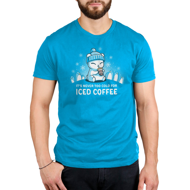 Premium Cotton T-shirt_TeeTurtle cobalt blue It's Never Too Cold for Iced Coffee apparel featuring a polar bear drinking iced coffee surrounded by penguins while it's snowing.