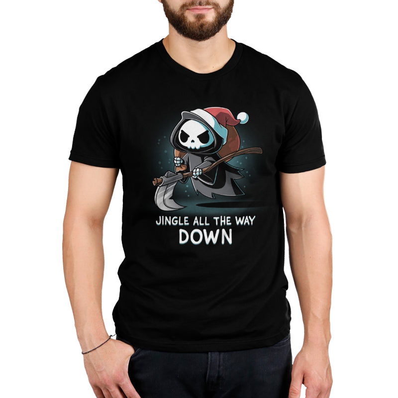 Premium Cotton T-shirt_TeeTurtle black Jingle All the Way Down apparel featuring the Grim Reaper wearing a Santa hat carrying a sack, and scythe.