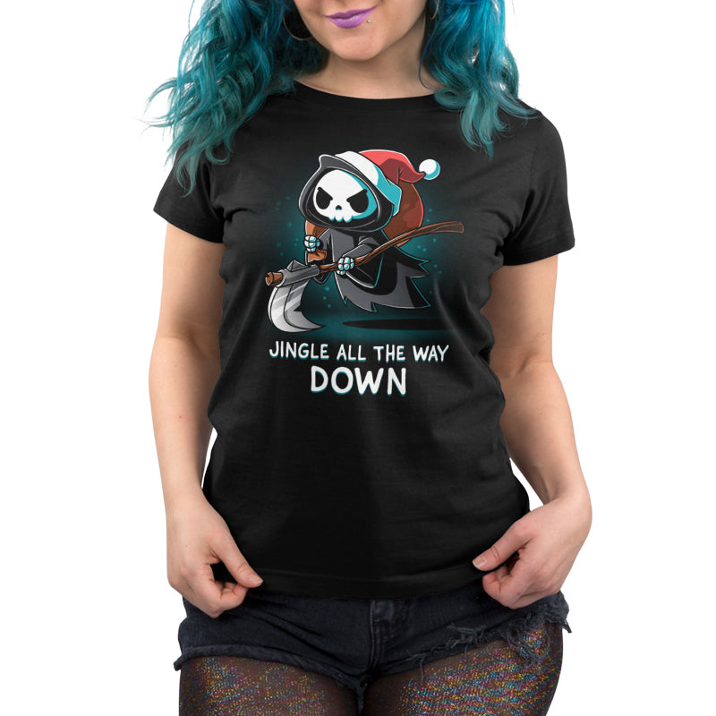 Premium Cotton T-shirt_TeeTurtle black Jingle All the Way Down apparel featuring the Grim Reaper wearing a Santa hat carrying a sack, and scythe.