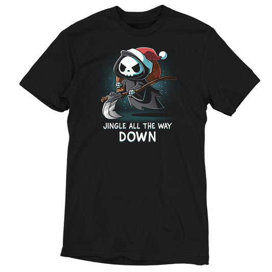 Premium Cotton T-shirt_TeeTurtle black Jingle All the Way Down apparel featuring the Grim Reaper wearing a Santa hat carrying a sack, and scythe.