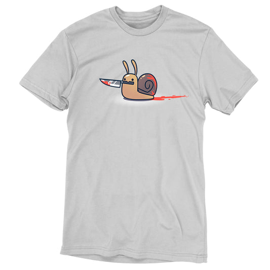 Gray Men's Killer Snail t-shirt by monsterdigital featuring a cartoon of a snail with a rocket strapped to its shell, leaving a red trail behind.