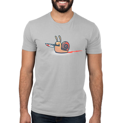 Men's Killer Snail t-shirt from monsterdigital featuring a cartoon design of a snail moving along a red line, appearing to paint the line with a brush.