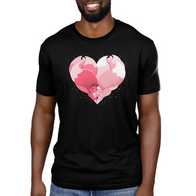 Premium Cotton T-shirt_TeeTurtle black Kitsune Heart featuring two kitsunes cuddling together and forming a heart with their tails.