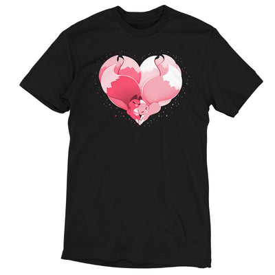 Premium Cotton T-shirt_TeeTurtle black Kitsune Heart featuring two kitsunes cuddling together and forming a heart with their tails.