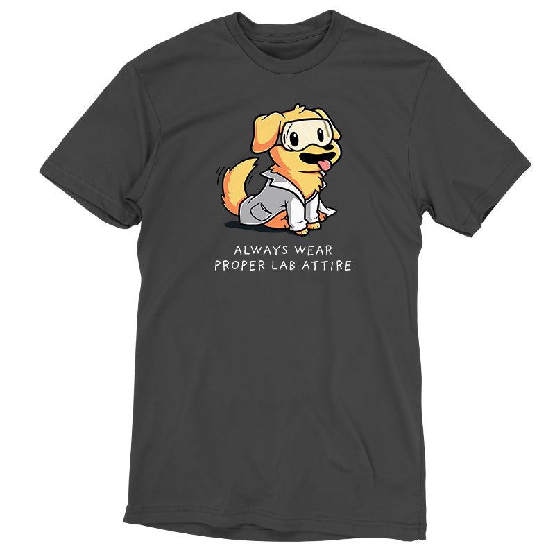 This charcoal gray T-shirt, made from super soft ringspun cotton, features an illustration of a dog wearing lab goggles and a lab coat. The text below the illustration reads, "Always wear proper lab attire." The product name is Lab Attire by monsterdigital.