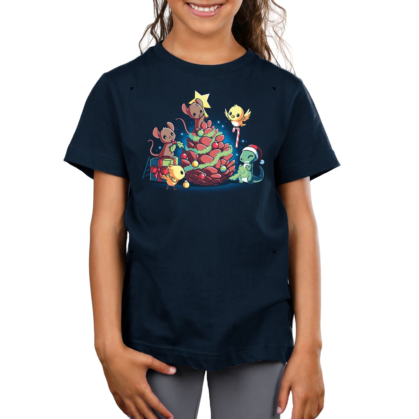 Premium Cotton T-shirt - A fa la la-dorable Teddy Bear wearing a TeeTurtle sweater, surrounded by playful mice and standing next to a beautifully decorated Christmas tree showcasing the Little Critter's Christmas from TeeTurtle.