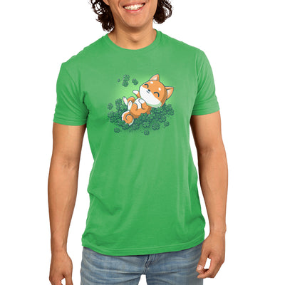 Premium Cotton T-shirt_TeeTurtle Lucky Shiba apple apparel featuring a happy shiba inu dog rolling around in four leaf clovers.
