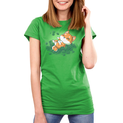Premium Cotton T-shirt_TeeTurtle Lucky Shiba apple apparel featuring a happy shiba inu dog rolling around in four leaf clovers.