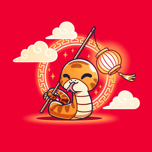 Premium Cotton T-shirt_TeeTurtle red Lunar New Year Snake apparel featuring a snake holding a stick with a lantern at the end with its tail with Lunar New Year elements in the background.