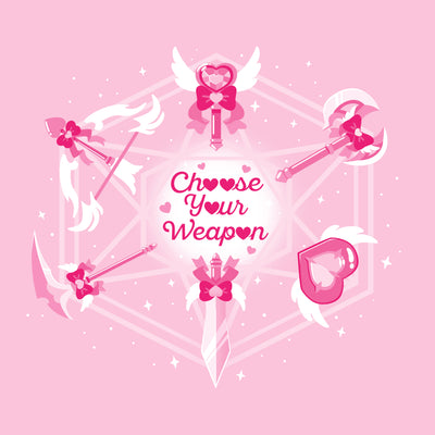 Premium Cotton T-shirt_TeeTurtle light pink Magical Weaponry apparel featuring a D20 with various magical weapons at the intersecting points with the caption, "Choose Your Weapon" in the center.