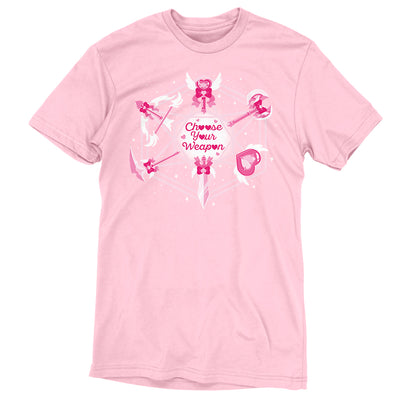 Premium Cotton T-shirt_TeeTurtle light pink Magical Weaponry apparel featuring a D20 with various magical weapons at the intersecting points with the caption, "Choose Your Weapon" in the center.