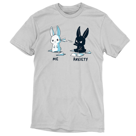 A silver t-shirt featuring two cartoon rabbits, one labeled 