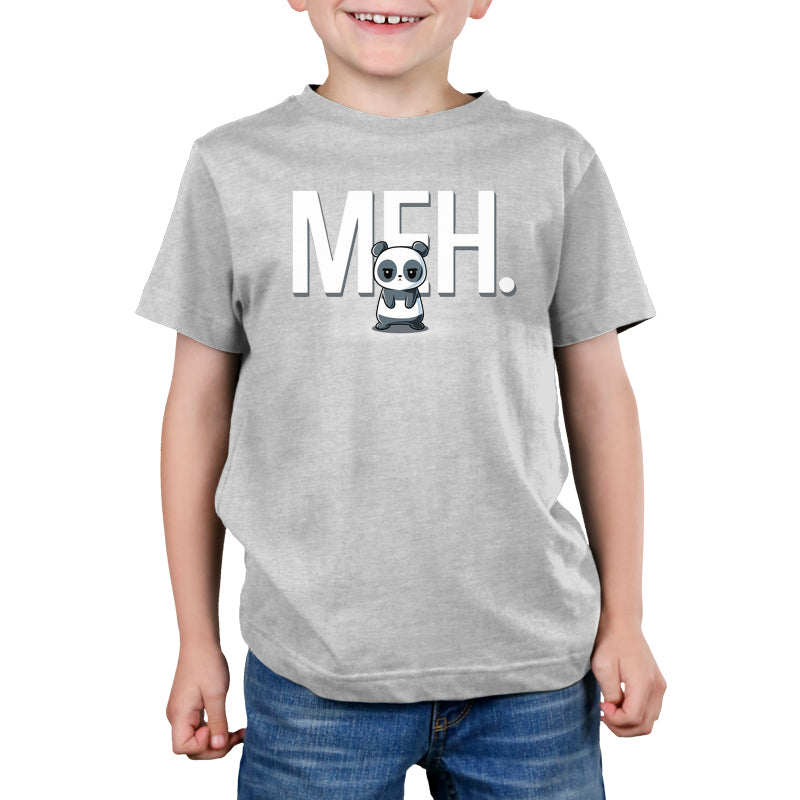 Premium Cotton T-shirt_TeeTurtle silver gray Meh Panda apparel featuring a panda with a deadpan expression with the gigantic word, “MEH.“ in the background.