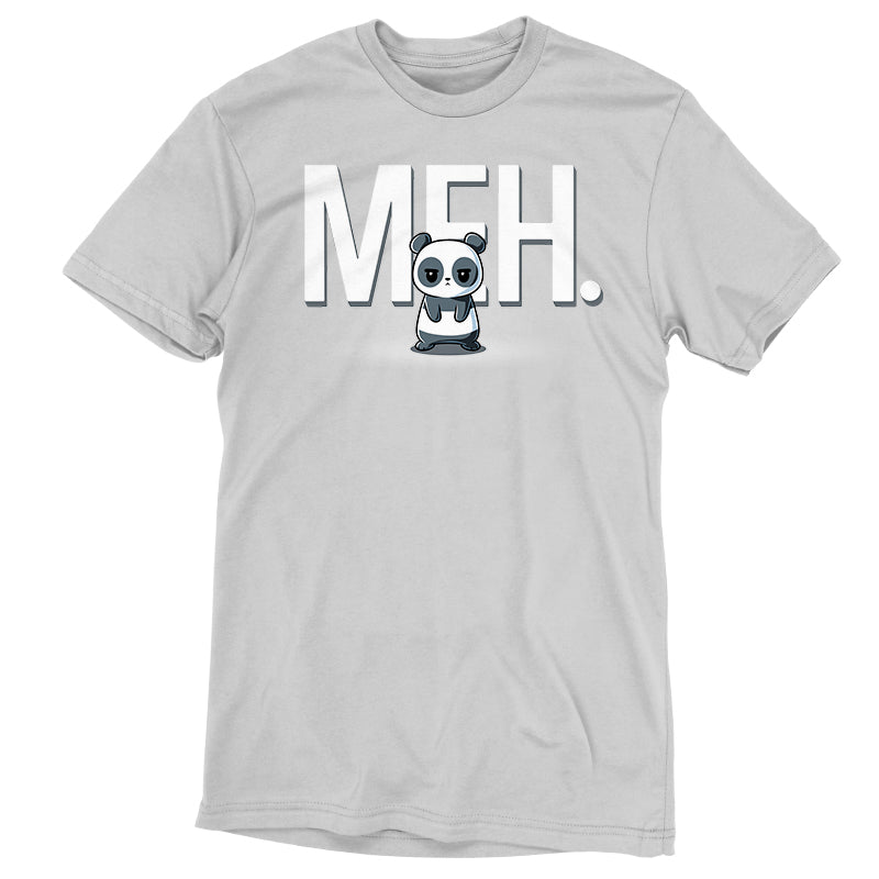 Premium Cotton T-shirt_TeeTurtle silver gray Meh Panda apparel featuring a panda with a deadpan expression with the gigantic word, “MEH.“ in the background.