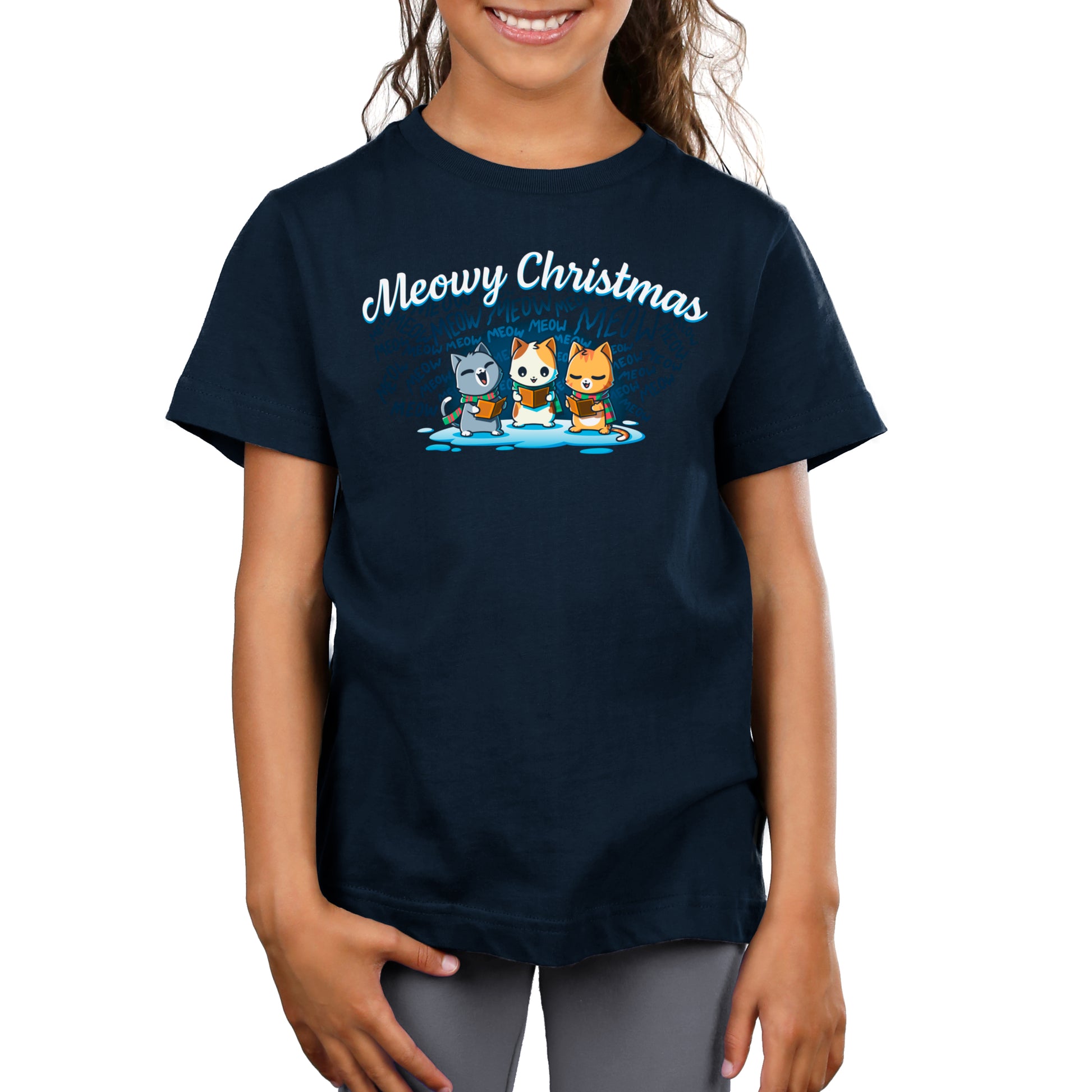 Premium Cotton T-shirt_TeeTurtle navy blue Meowy Christmas Carolers apparel featuring cats meow-singing Christmas carols.