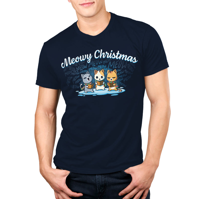 Premium Cotton T-shirt_TeeTurtle navy blue Meowy Christmas Carolers apparel featuring cats meow-singing Christmas carols.