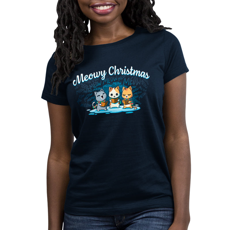 Premium Cotton T-shirt_TeeTurtle navy blue Meowy Christmas Carolers apparel featuring cats meow-singing Christmas carols.