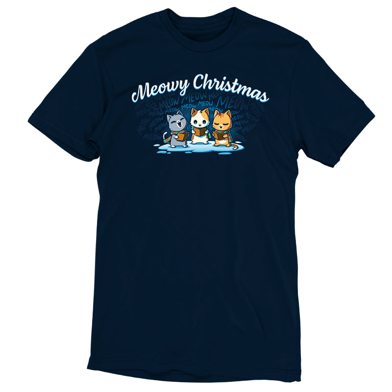 Premium Cotton T-shirt_TeeTurtle navy blue Meowy Christmas Carolers apparel featuring cats meow-singing Christmas carols.