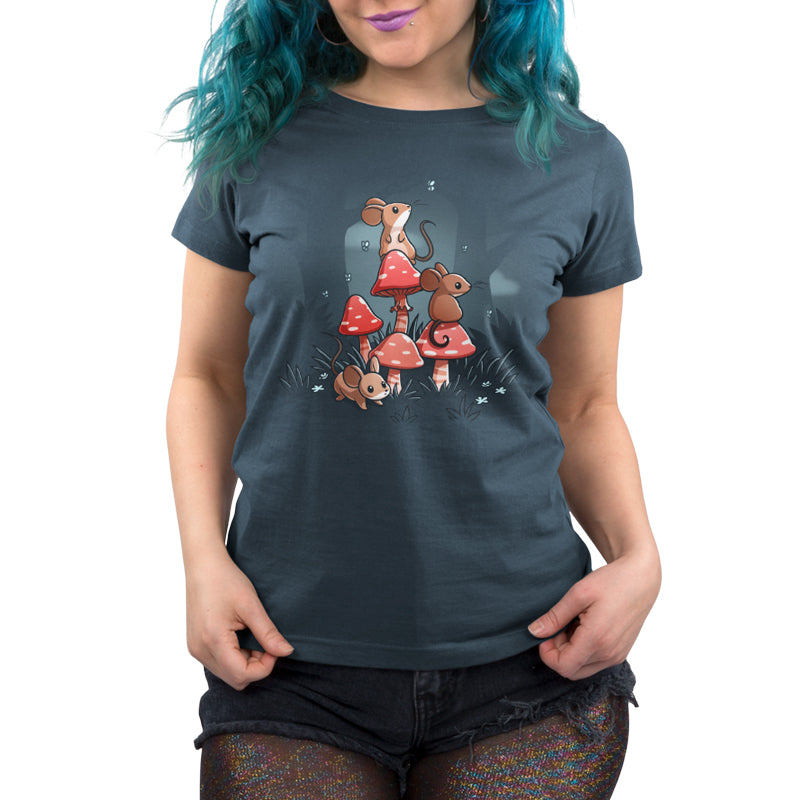 Premium Cotton T-shirt_TeeTurtle denim blue t-shirt Mushrooms & Mice featuring three brown mice grouped around red mushrooms in a cottagecore forest.