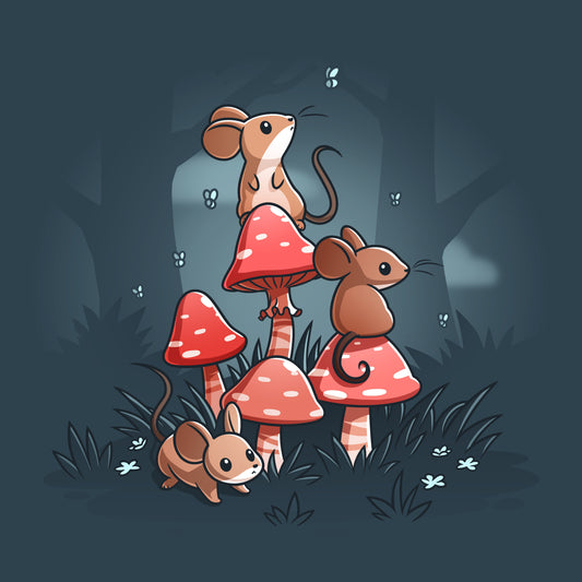 Premium Cotton T-shirt_TeeTurtle denim blue t-shirt Mushrooms & Mice featuring three brown mice grouped around red mushrooms in a cottagecore forest.