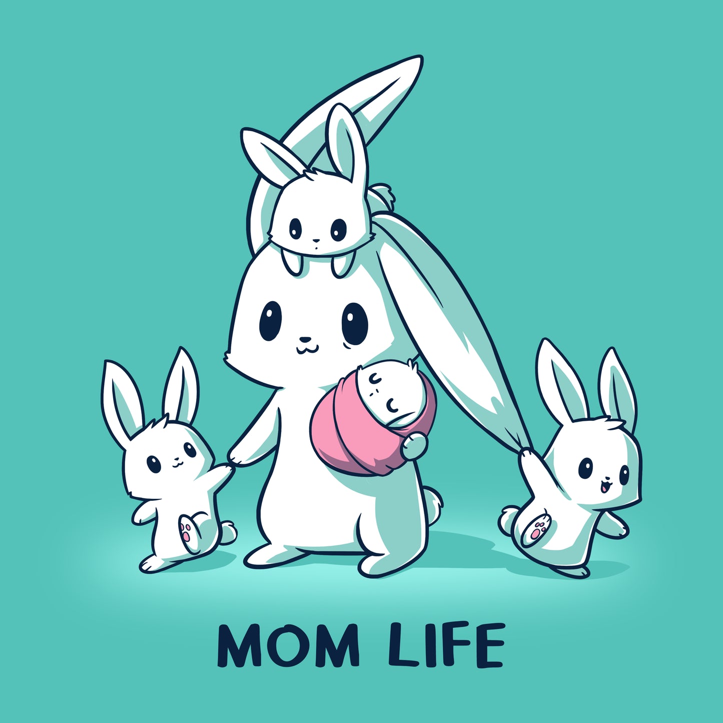 An illustration by monsterdigital of a mother rabbit holding a baby rabbit's hand, with another small rabbit climbing on her head. The text "Mom Life" is displayed at the bottom. The Caribbean Blue background adds a charming touch to the scene.