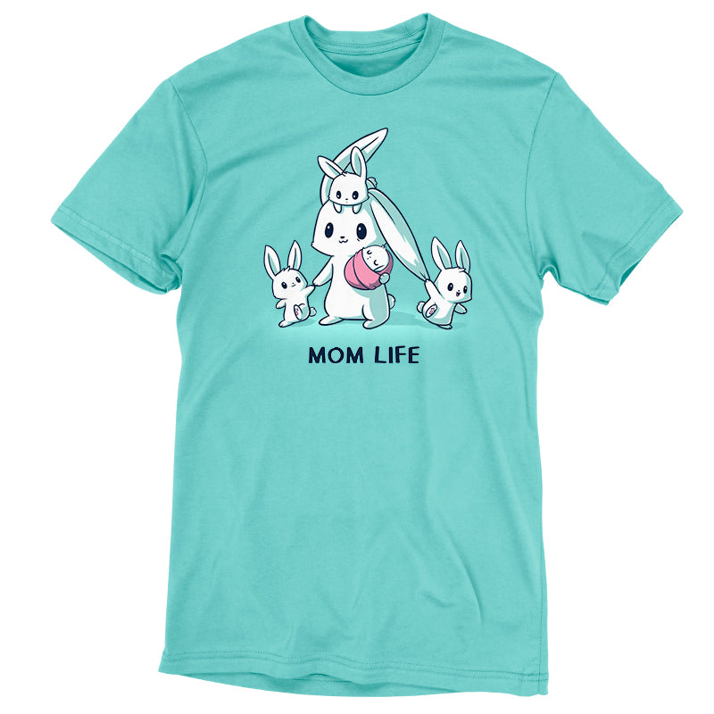 Caribbean Blue t-shirt featuring a monsterdigital illustration of a mother bunny with three baby bunnies and the text "MOM LIFE" below the image, called Mom Life.