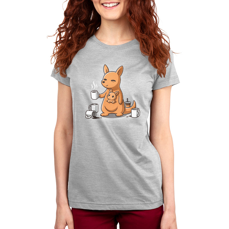 Premium Cotton T-shirt_TeeTurtle silver gray Mom’s Morning Coffee apparel featuring a kangaroo with its joey in its pouch, wherein the parent kangaroo is holding a cup of coffee and is surrounded by empty coffee cups.