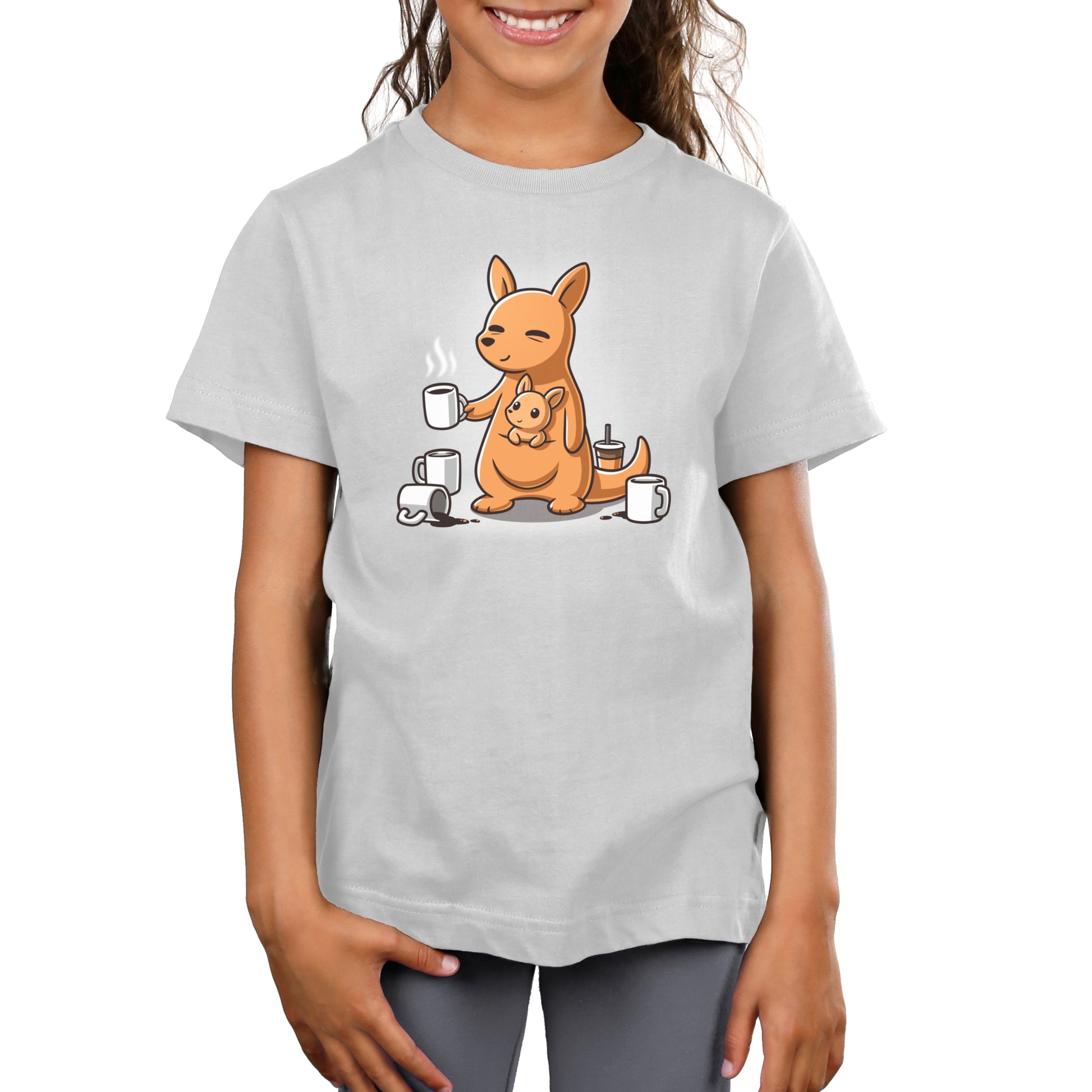 Premium Cotton T-shirt_TeeTurtle silver gray Mom’s Morning Coffee apparel featuring a kangaroo with its joey in its pouch, wherein the parent kangaroo is holding a cup of coffee and is surrounded by empty coffee cups.