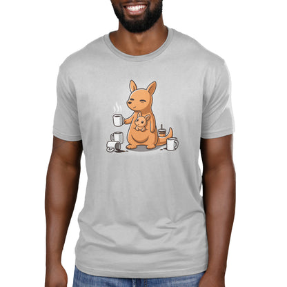 Premium Cotton T-shirt_TeeTurtle silver gray Mom’s Morning Coffee apparel featuring a kangaroo with its joey in its pouch, wherein the parent kangaroo is holding a cup of coffee and is surrounded by empty coffee cups.