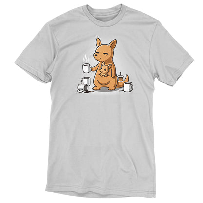 Premium Cotton T-shirt_TeeTurtle silver gray Mom’s Morning Coffee apparel featuring a kangaroo with its joey in its pouch, wherein the parent kangaroo is holding a cup of coffee and is surrounded by empty coffee cups.