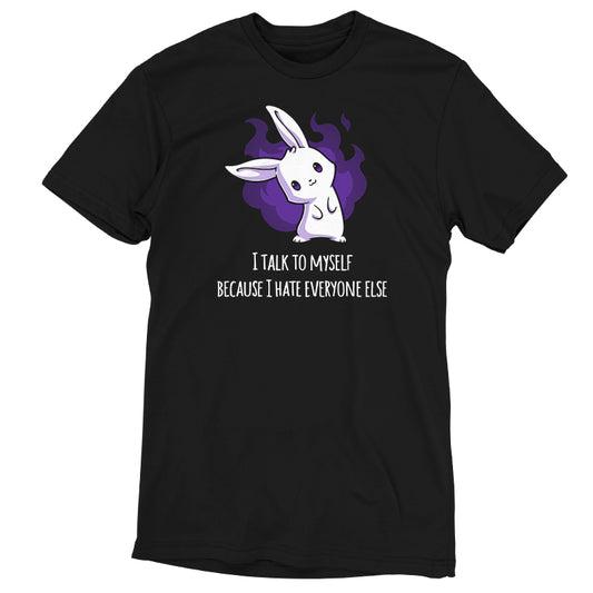 Black T-shirt with a white cartoon bunny illustration on a purple background. Below the bunny, the text reads, 