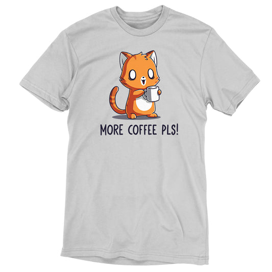 A grey unisex tee featuring an illustration of a cute orange cat holding a coffee mug and the text 