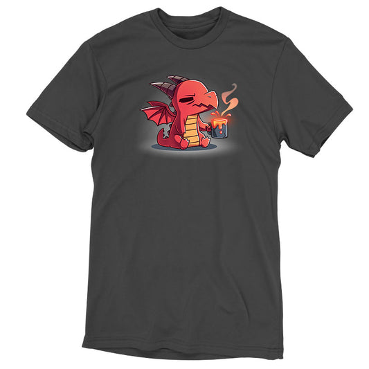 Premium Cotton T-shirt_TeeTurtle charcoal gray Morning Magma. Featuring a sleepy, grumpy red dragon sitting down holding a steaming cup of magma.