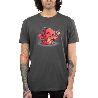 Premium Cotton T-shirt_TeeTurtle charcoal gray Morning Magma. Featuring a sleepy, grumpy red dragon sitting down holding a steaming cup of magma.