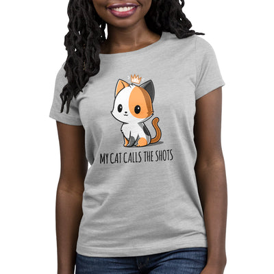 Premium Cotton T-shirt_TeeTurtle silver gray My Cat Calls the Shots apparel featuring a sitting calico cat with a floating crown, and the caption, “My Cat Calls the Shots”.