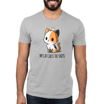 Premium Cotton T-shirt_TeeTurtle silver gray My Cat Calls the Shots apparel featuring a sitting calico cat with a floating crown, and the caption, “My Cat Calls the Shots”.